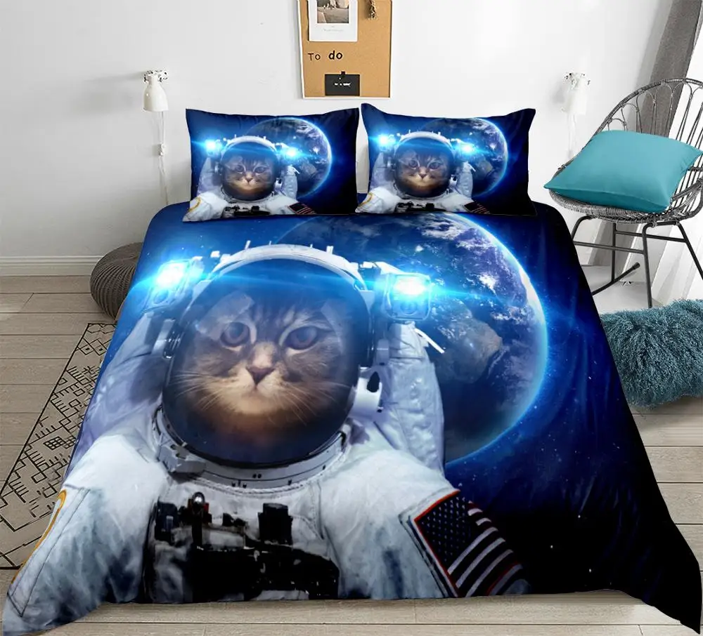 

Space Cat Bedding Astronaut Pet Duvet Cover Set Teens Kids Blue Galaxy Bedding Set Star Universe Quilt Cover King 3pcs Dropship