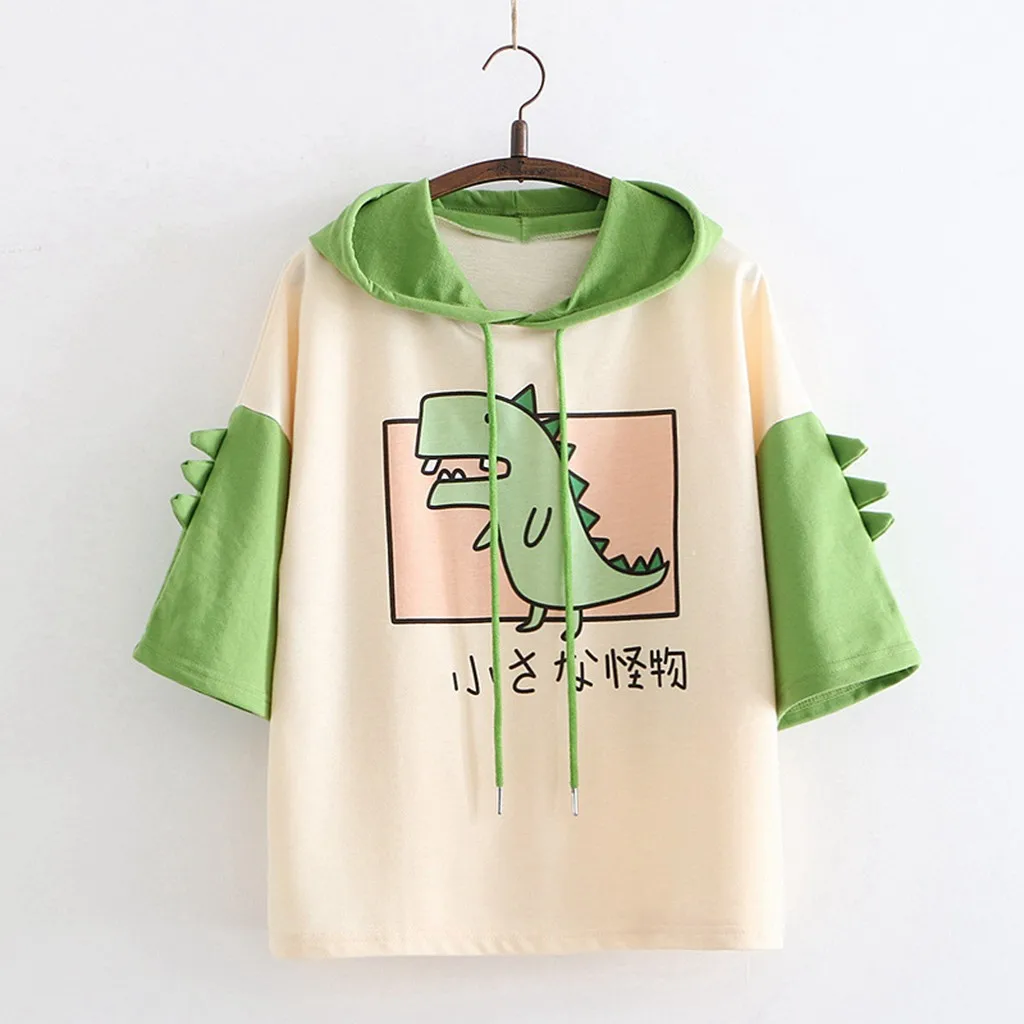 2021 T Shirt Women Hoodies Summer Pullovers Tops Dinosaur Cartoon Harajuku Graphic Tees Girls Teens Cute Kawaii Hooded Camiseta