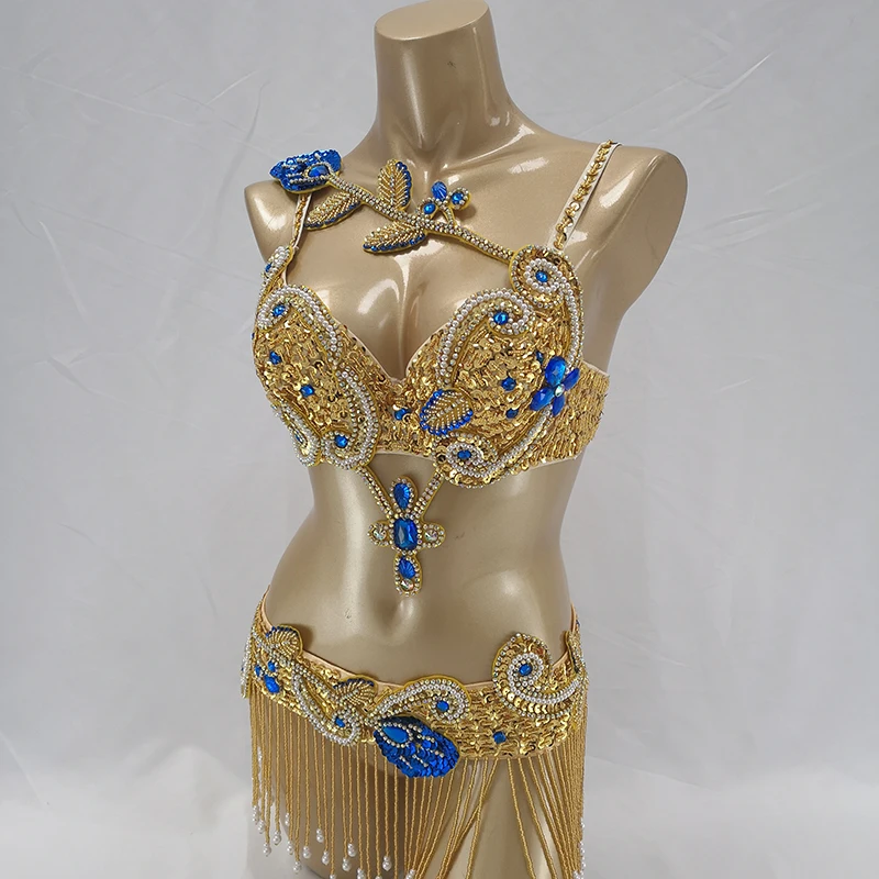 Nowa damska profesjonalna odzież do tańca brzucha stroje na występy wyszywane koralikami kryształowe kostiumy do tańca brzucha zestaw ubrań Bellydance