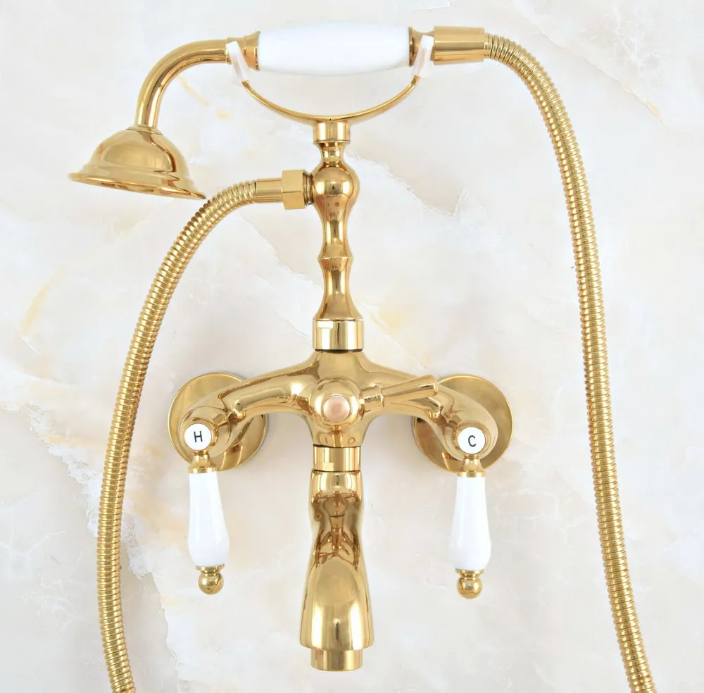 Luxury Polished Gold Color Brass Bathroom Wall Mounted Clawfoot Tub Faucet Taps Set With Hand Held Shower Head Spray mna812