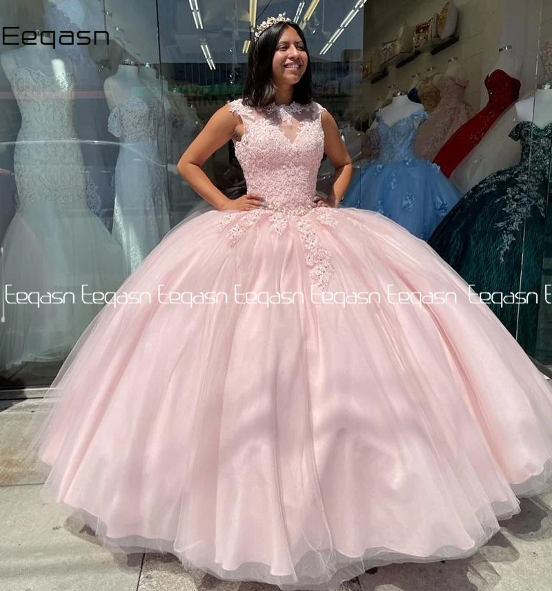 Roze Baljurk Quinceanera Jurk Lange Vestidos De 15 Años Applique Corset Back Lace Sweet 16 Jurk Pageant Jurken