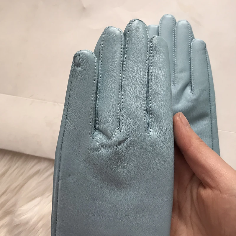 Genuine Leather Gloves 24cm Women Light Blue Thin Rayon Lining Straight Edition Style Men Pure Sheepskin Glove Color Driving