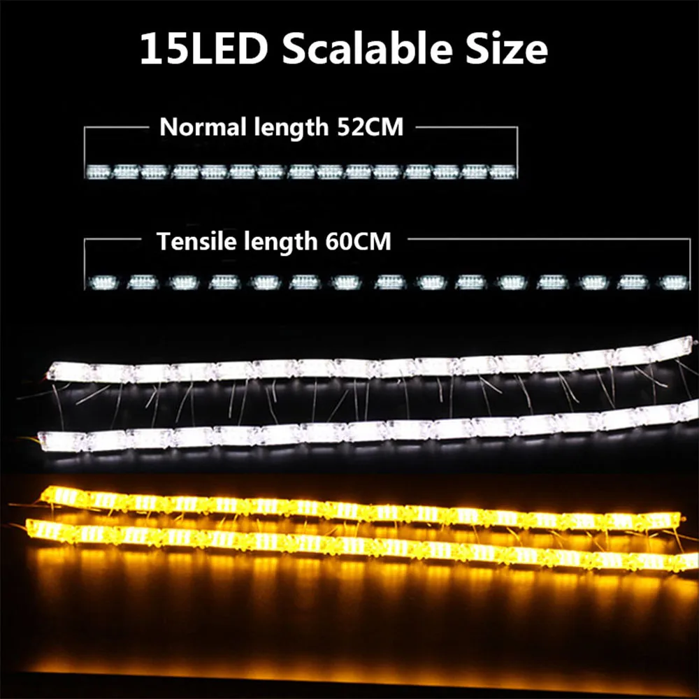 2 Stuks Drl 15SMD Vloeiende Flexibele Led Drl Dagrijverlichting Richtingaanwijzer Angel Eye Wit Amber Koplamp Waterdichte Strips