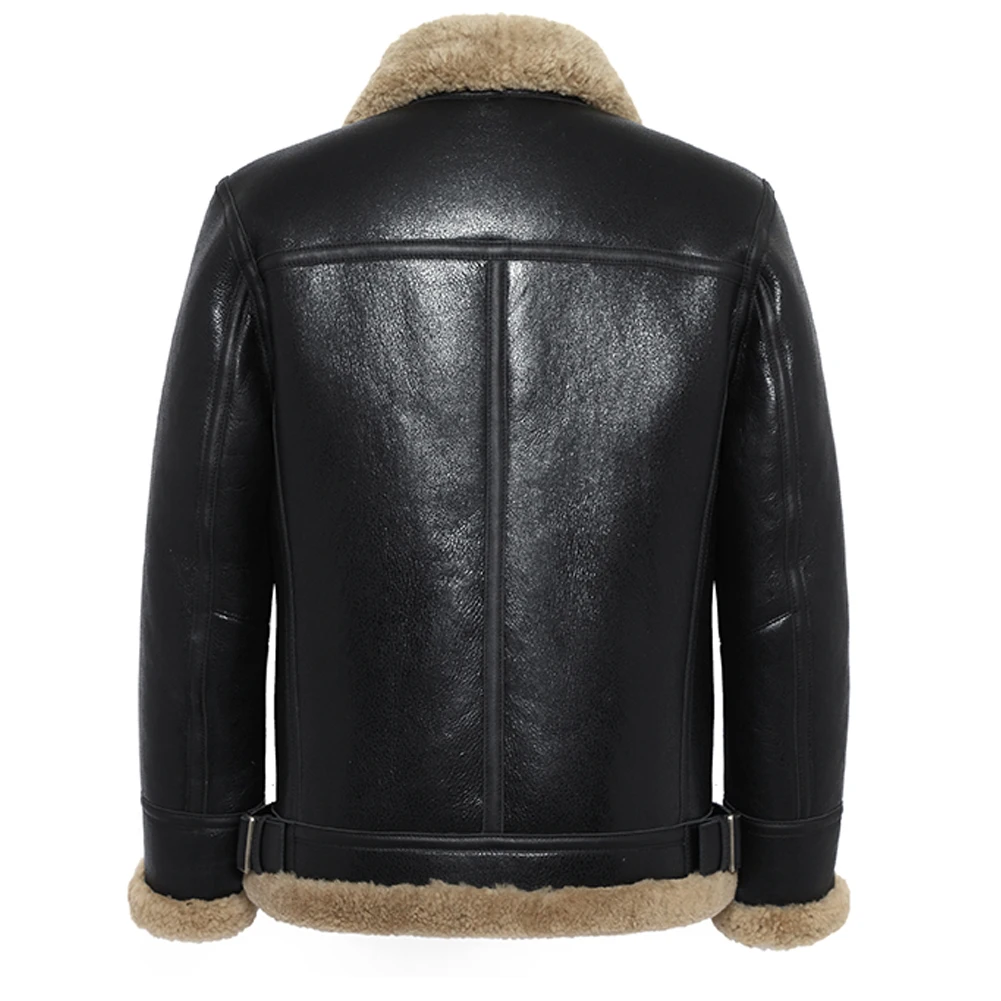 Mens Shearling Jacket B3 Bomber Jacket Short Leather Jacket Mens Winter Coats Fur Jacket Black Color