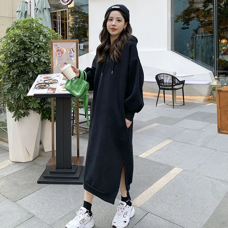 Orange Long Hoodie Dress Women Cotton Autumn Winter 2023 New Girls Warm Fleece Loose Casual Korean Style Pullover Sweatshirt