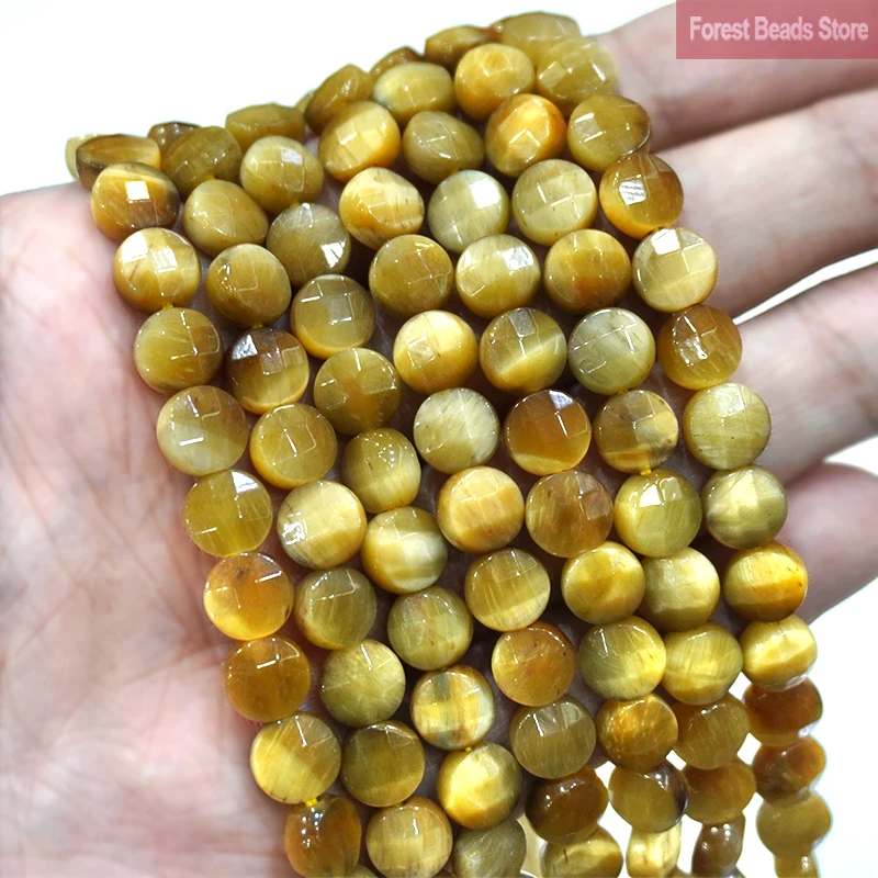 8MM Natural Stone Faceted Gold Tiger Eye Agates Spacers Round Cake Shape Beads for Jewelry Making DIY Bracelet Earrings 15