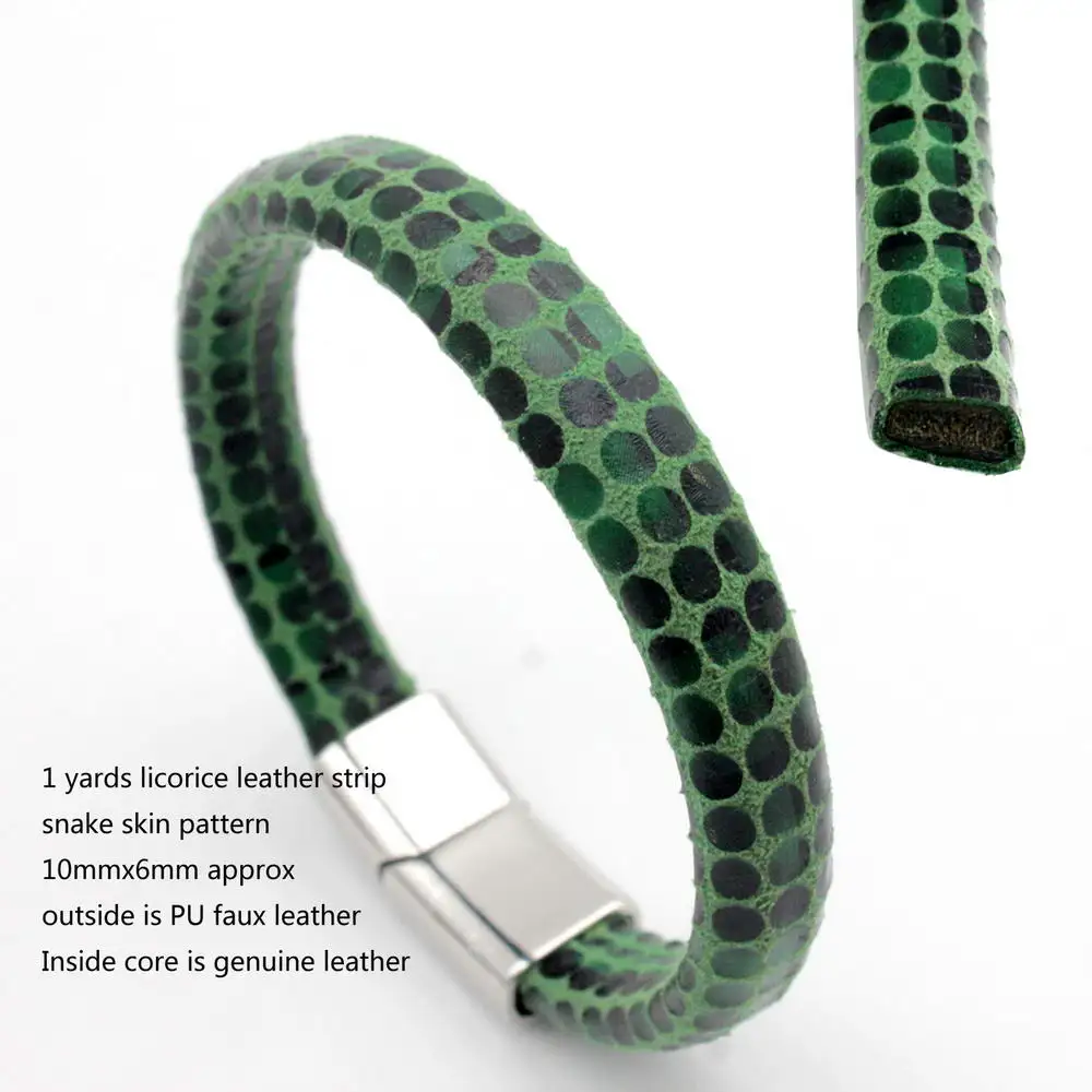 1 Yard 10mmx6mm Deep Green Base Snake Skin Pattern Licorice Leather Strip for DIY Bracelet Bag Outside PU with Inside Cowhide