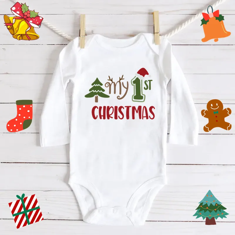 My First Christmas Long Sleeve Bodysuit For Baby Boys Girls Clothes Cute Reindeer Print Christmas Clothes For Baby Girl