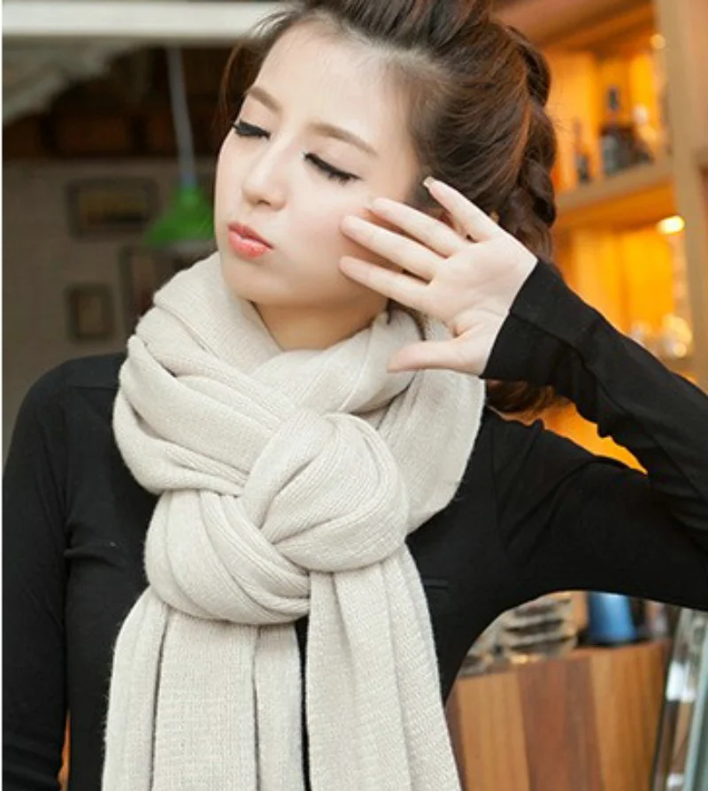 Acrylic Korean Simple Solid Color Warm Winter Scarf Women 220cm Elastic Knitted Wool Ring Shawl Amazing Blanket Echarpe