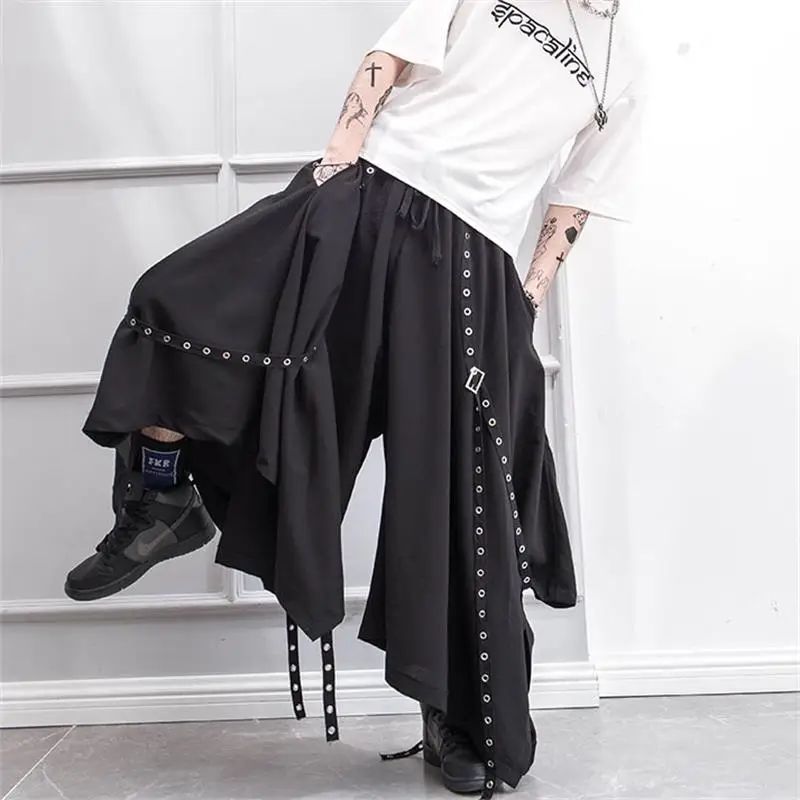 

2022 Men's trousers spring and summer outfit dark yamamoto style skirt rivet ribbon decoration loose men's skirt trousers trend