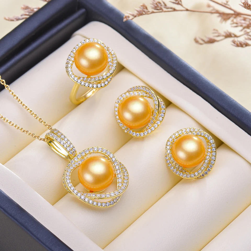 Zorun- Genuine Natural Freshwater Pearl Wedding  Jewelry Sets 11-12MM with 925 Sterling Silver Ring Sets for Women