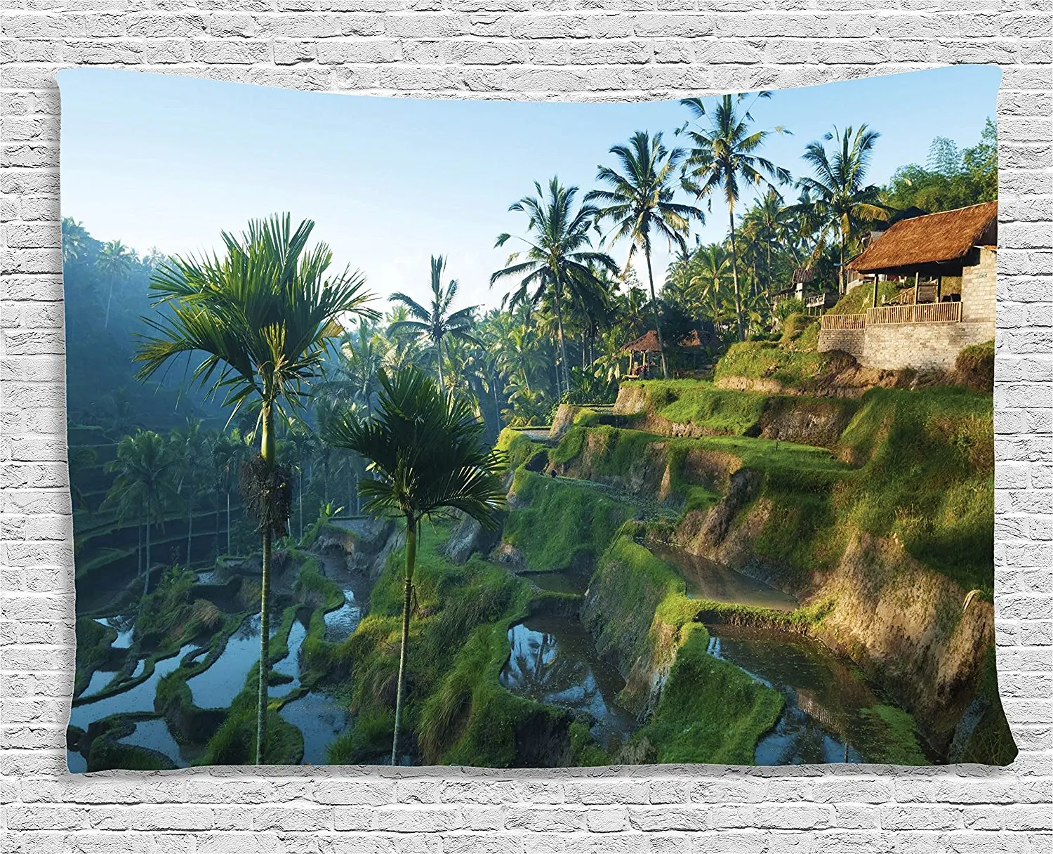 Balinese Decor Terrace Rice Fields Palm Trees Traditional Farmhouse Morning Sunrise View Bali Indonesia Wall Hanging Tapestry