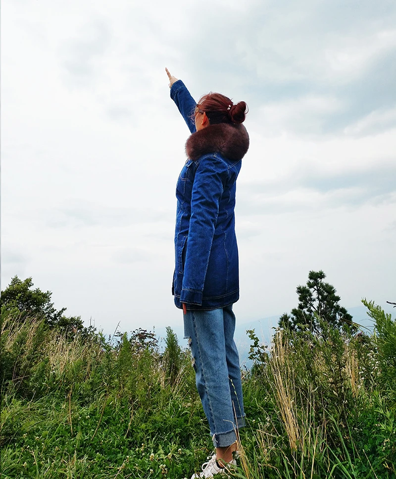 Winter denim jacket loose pie over fur, casual fox fur collar mid-length jacket, detachable lining, ladies overcoming