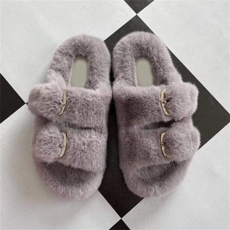 Winter Faux Fur Slippers Warm Fluffy Slippers Shoes For Women Indoor Floor Slides Flat Soft Furry Ladies Female Outdoor Slippers