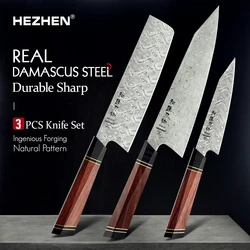 HEZHEN Retro Series 3PC Knife Set 110 Layer Damascus Steel Chef Knives Nakiri Utility Cook Tools Slicing Kiritsuke Wooden Box