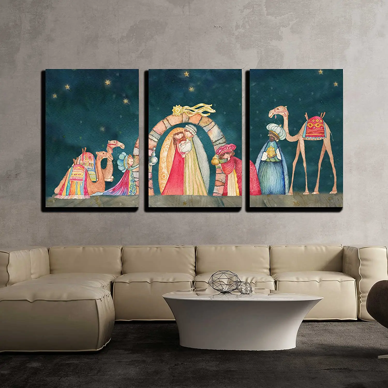 3 Piece Canvas Art - Illustration Christian Christmas Nativity Scene With The Three Wise Men - Modern Home Art Or Office Décor