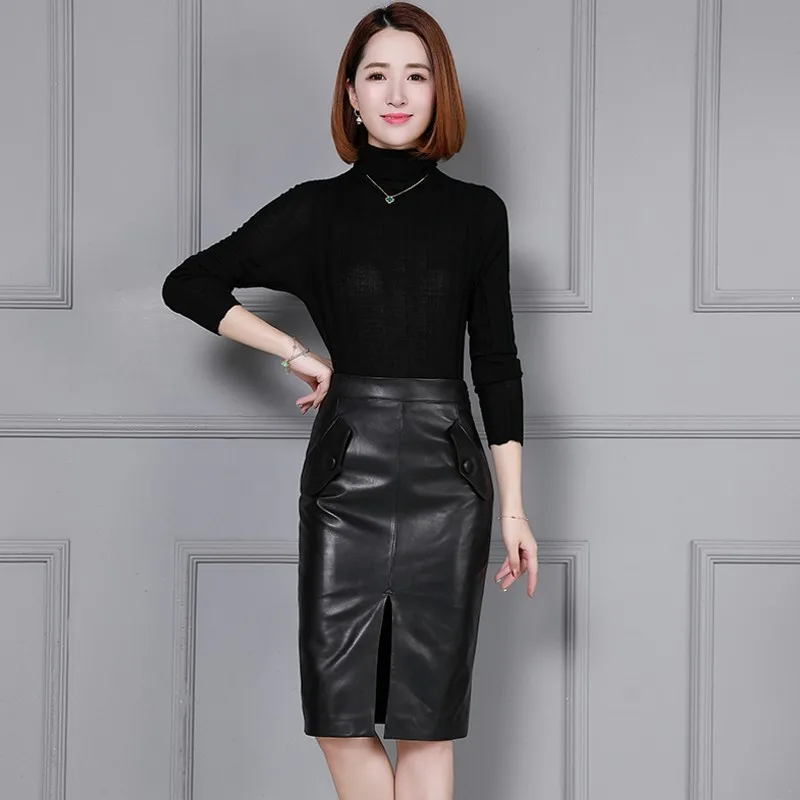 Office Dames Hoge Taille Solid Echt Lederen Wrap Knielange Slim Fit Plus Size S-4XL Womens Fashion Schapenvacht Rokken