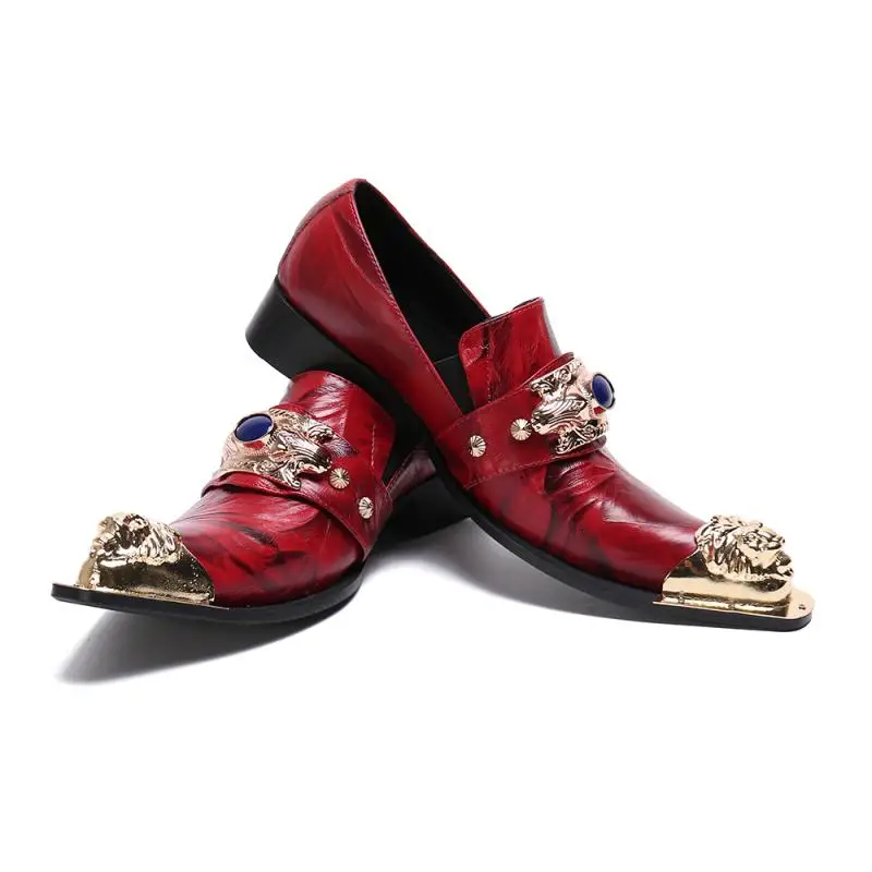 Luxury Metal Pointed Toe Red Wedding Shoes Men Leisure Party Dress Shoes Genuine Leather Slip On Mens Career Work Shoes Size 46