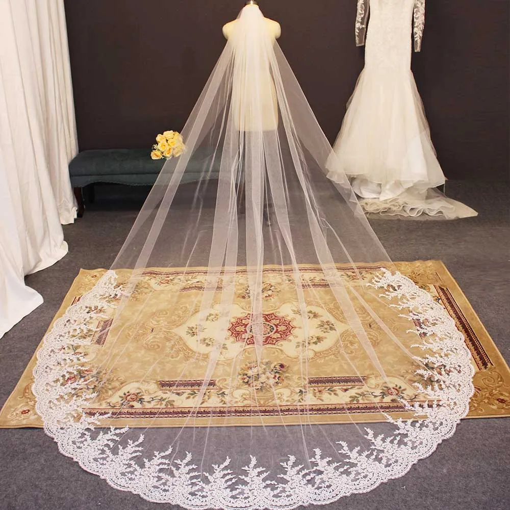 

Кружевная Длинная свадебная фата высокого качества, фата с гребнем для невесты, однослойная белая, цвета слоновой кости, свадебные аксессуары