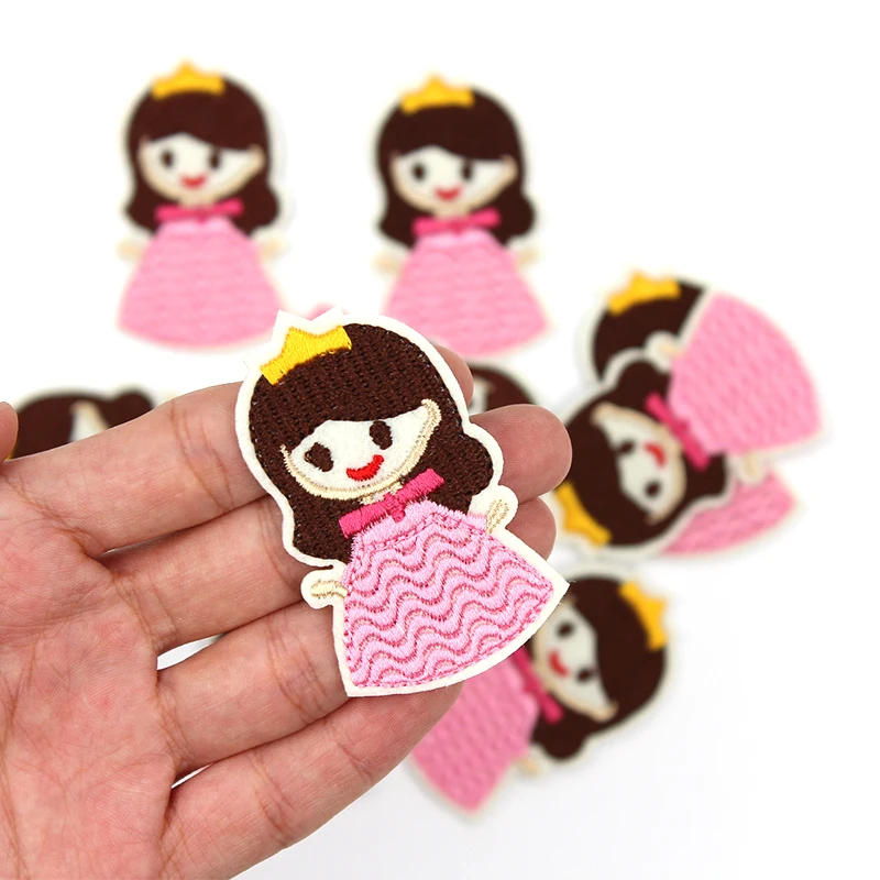 10pcs Iron On Pink Little Girl Stickers Cartoon Embroidery Princess Patches For Clothes Apparel Repair DIY Jeans Backpack Badge