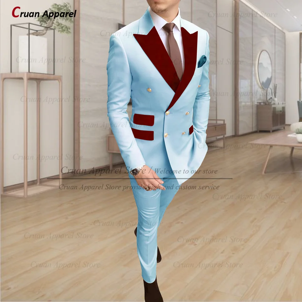 Latest Designs Beige Men Suits 2Pcs Slim Fit Formal Wedding Groomsmen Groom Tuxedo Wine Red Velvet Lapel Blazer With Pants Set