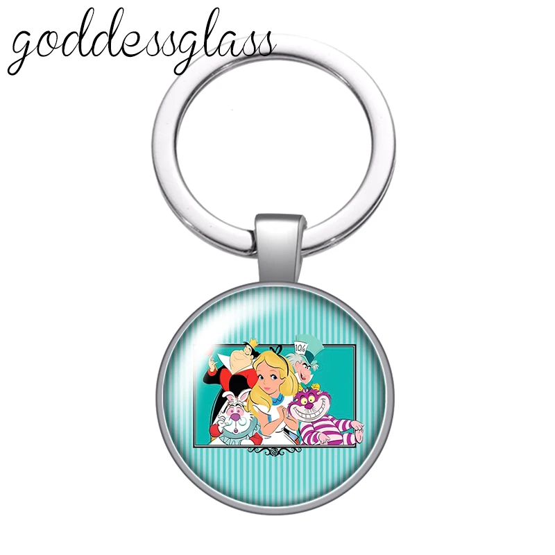 Disney Alice Cheshire cat white rabbit glass cabochon keychain Bag Car key chain Ring Holder Charms keychains gift