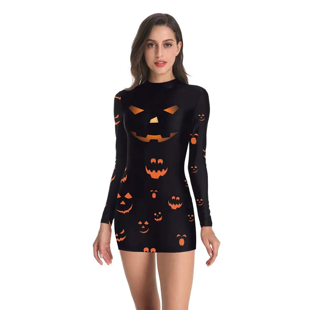 Halloween Zucca Costume Spaventosi Per Adulti del Vestito Delle Donne Sexy Della Tuta Stretta 3D di Stampa Del Partito di Cosplay Manica Lunga Vestito Delle Donne