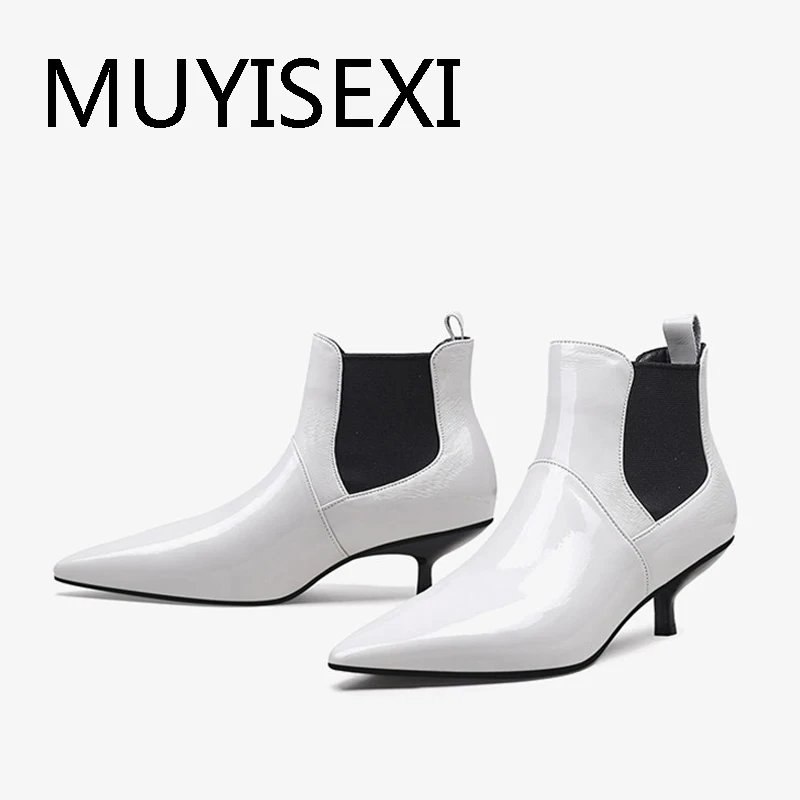 Women stretch mixed colors slip on high fashion european design 3.5 thin med heels pointed toe office ankle boots HL309 MUYISEXI