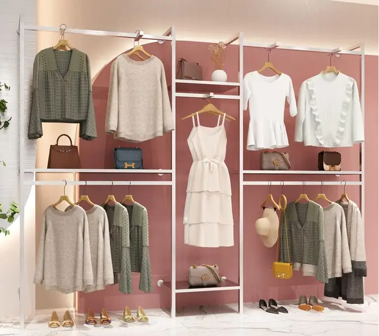 

Clothing store display rack wall women's clothing rack double layer clothes rack silver stainless steel wall clothing display