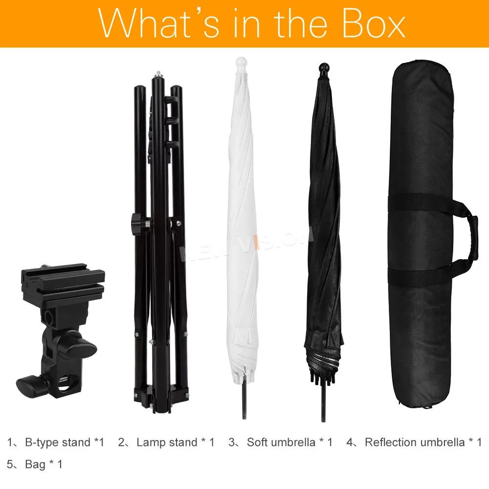 4 Section 180cm Folding Light Stand + 33" Soft light & Reflective Umbrella + Hot Shoe Adapter + Carrying Bag