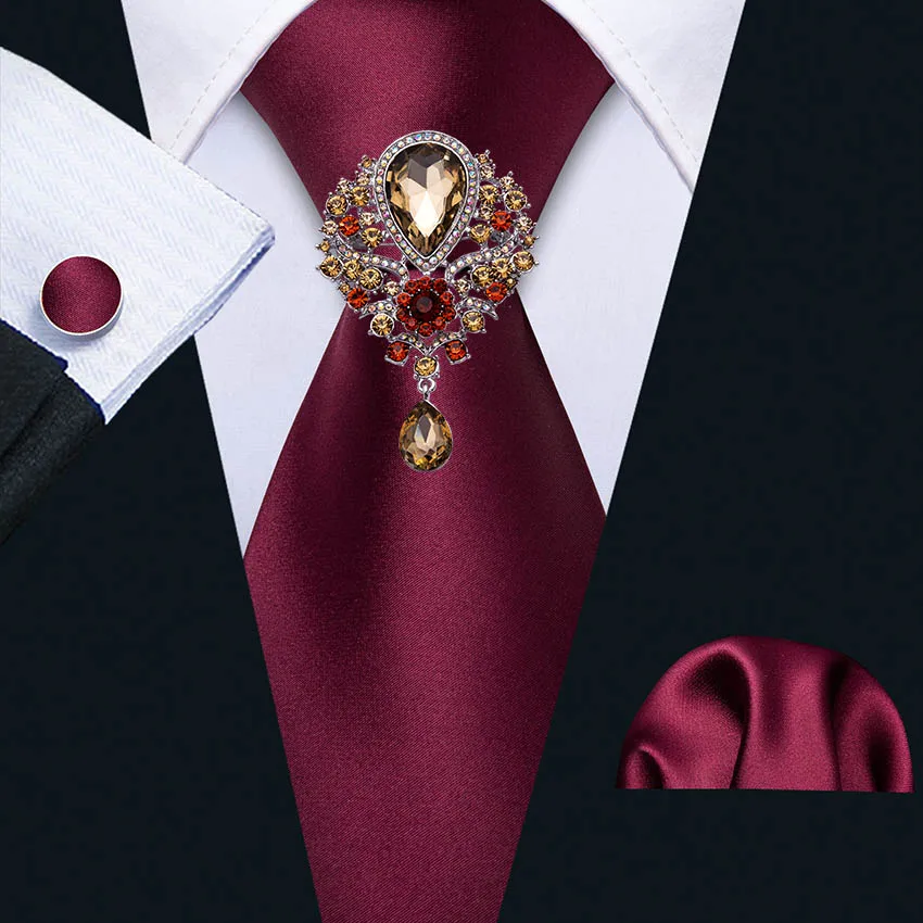 Red Satin Silk Tie Rhinestone Brooches Men Wedding Tie Hanky Set Barry.wang Fashion Designer Solid Neckties for Men Gift Party