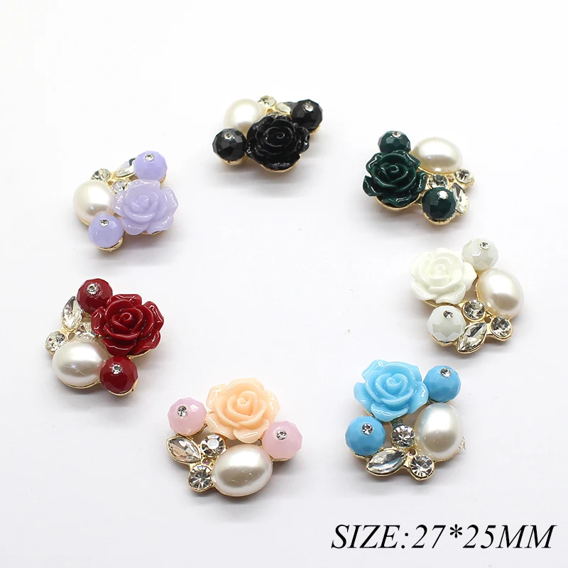 YWXINXI 5Pcs alloy flat bottom rhinestone rose flower multicolor 27 x 25MM jewelry decoration, DIY clothing and hair accessories