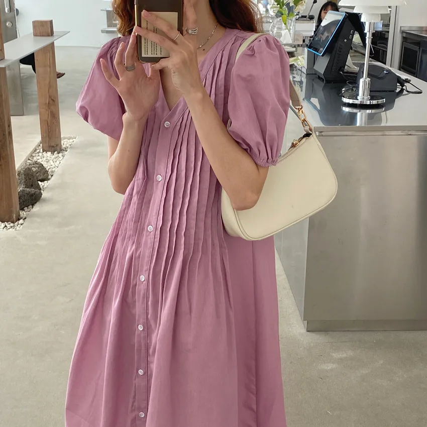 2021 New Women Summer Folds Long Shirt Dress Puff Sleeve V Neck Loose Waist A-line Maxi Sundress Solid Color