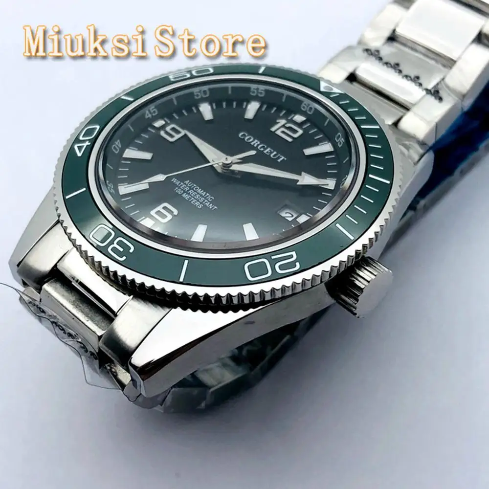 CORGEUT 41mm Men\'s Top Mechanical Watch Sapphire Glass Ceramic Bezel Green Dial Date Waterproof Stainless Steel Automatic Watch