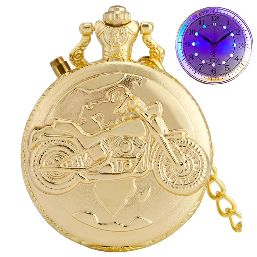 Bronze Luminous LED Dial Motocicleta Quartz Pocket Watch, Motorbike Cadeia, Esculpida Steampunk Cadeia, Relógio Presentes