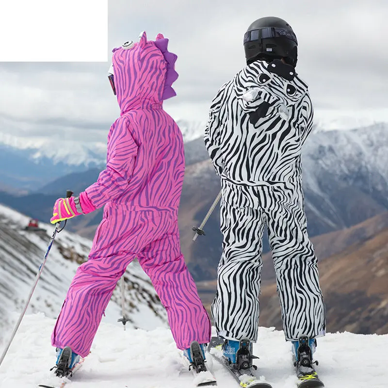 Children\'s outdoor one-piece ski suit men\'s and women\'s animal modeling cartoon dinosaur one-piece suit thickened cold proof ski