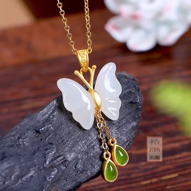 

Natural 5A green jade pendant butterfly jade necklace with gufakin gold 925 sterling silver necklace women jade jewelry