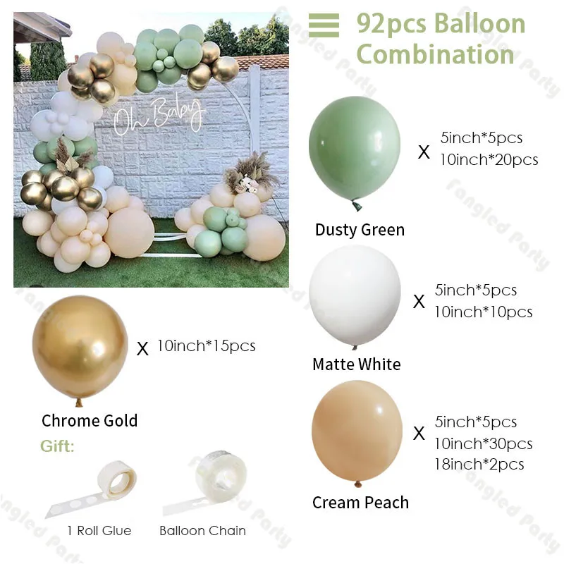 92pcs Sage Green Cream Peach Balloon Garland White Gold Baby Shower Balloons Arch Wedding Birthday Gender Reveal Party Supplies