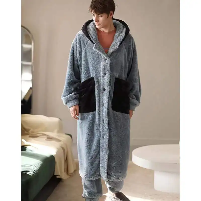 Coral Fleece Nightgown Men\'s Winter Plus Size Nightgown Suit Thicken Warm Bathrobe Fashion Male Pajama Set Robes Sets