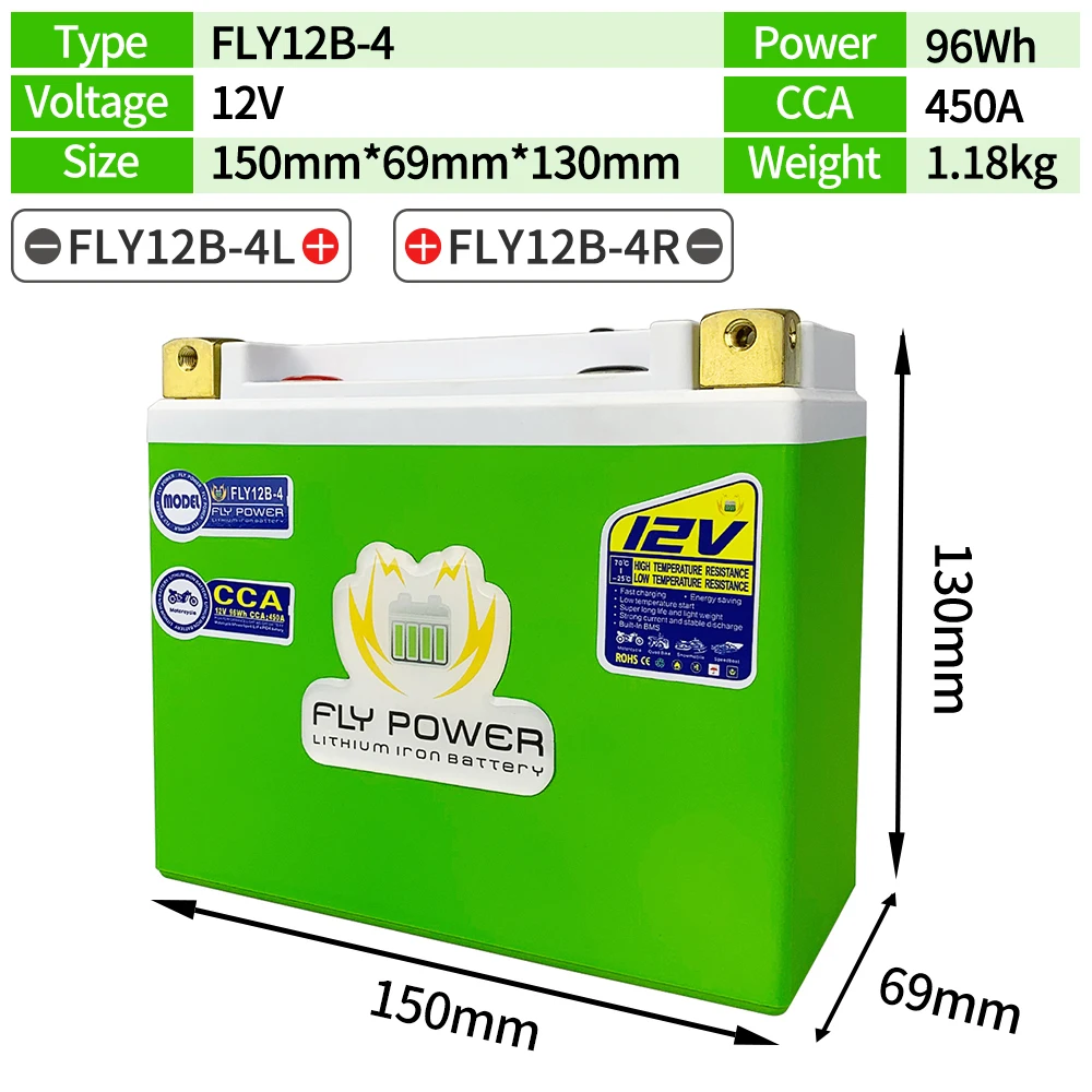 

FLY12B-4 CCA 450A 96Wh Motorcycle 12V LiFePO4 Battery Lithium Scooter Batteries 12V For ATVs UTVs GT12B-4 YT12B-BS UT12B-4 YT12B