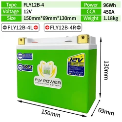 FLY12B-4 CCA 450A 96Wh Motorcycle 12V LiFePO4 Battery Lithium Scooter Batteries 12V For ATVs UTVs GT12B-4 YT12B-BS UT12B-4 YT12B