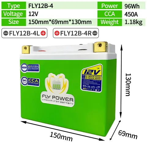 FLY12B-4 오토바이 리튬 스쿠터 배터리, ATV UTV GT12B-4 YT12B-BS UT12B-4 YT12B 용, CCA 450A 96Wh, 12V LiFePO4 배터리