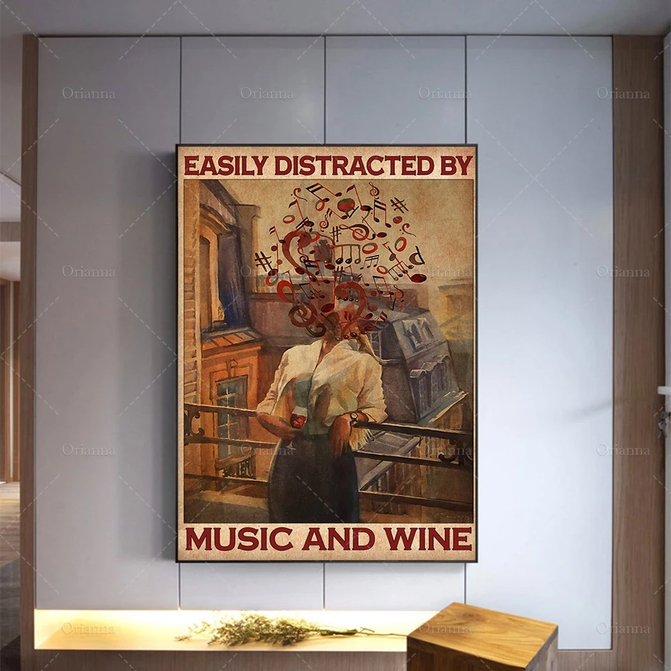 

Music Poster - Easily Distracted By Music and Wine, Vintage Music Art Print, Love Music Wall Decor, Pot Head Music Notes Art,