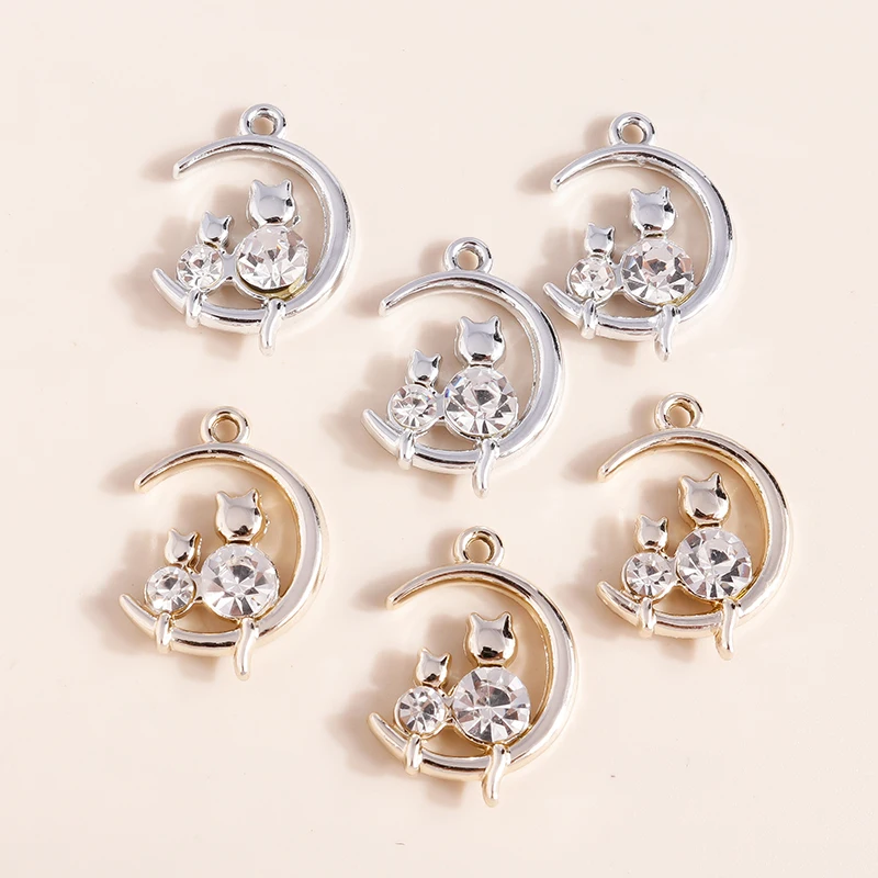 Leslie 10pcs 16*22mm Gold Silver Color Mum Son Crystal Cat Moon Charms for Necklaces Earrings Jewelry Making Accessories