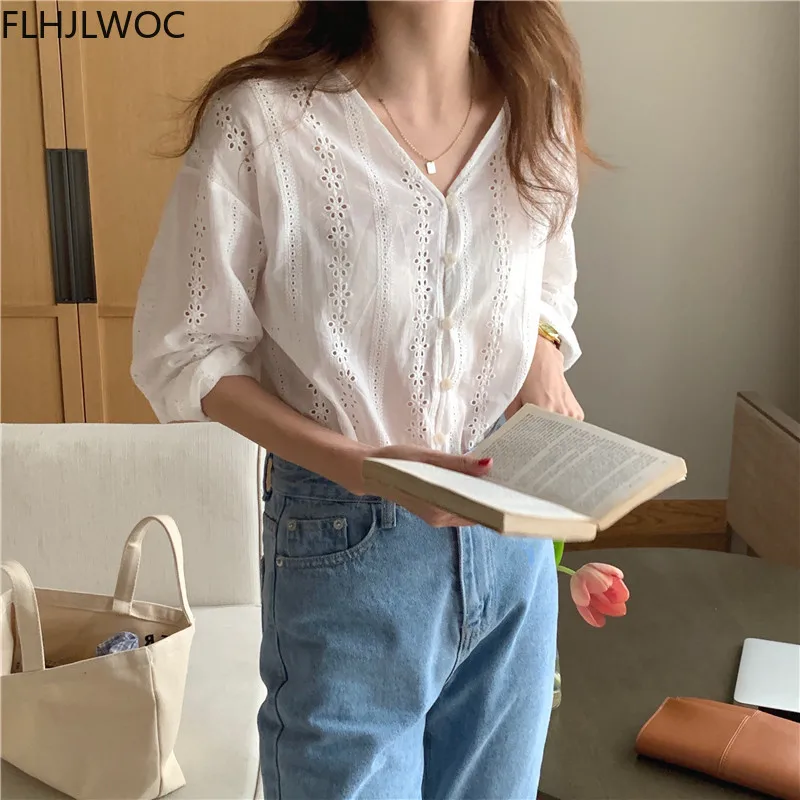 2021 Cute Sweet Girls Japanese Style Preppy Feminine Women Chic Tops Single Breasted Button White Cotton Lace Shirts