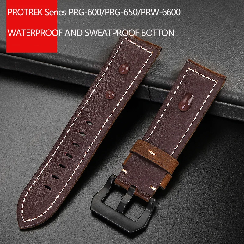 Cowhide Frosted Italian Leather Watchband for Casio PROTREK Series PRG-600/PRG-650/PRW-6600 Outdoor Sports Bracelet Strap 24mm