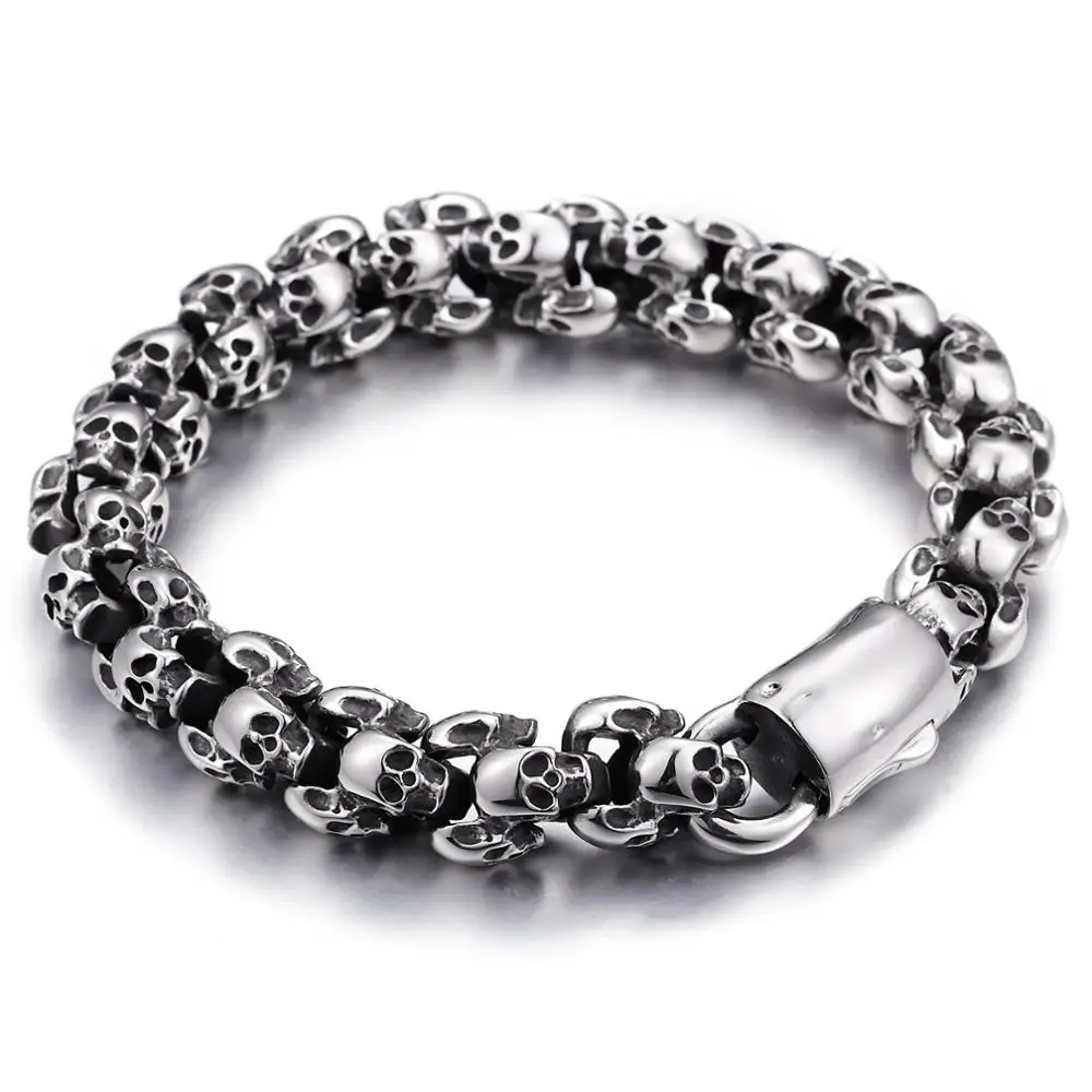 12mm Punk Skull Bracelets For Men Stainless Steel 316L Skeleton Lion Charm Link Chain Male Gothic Jewelry