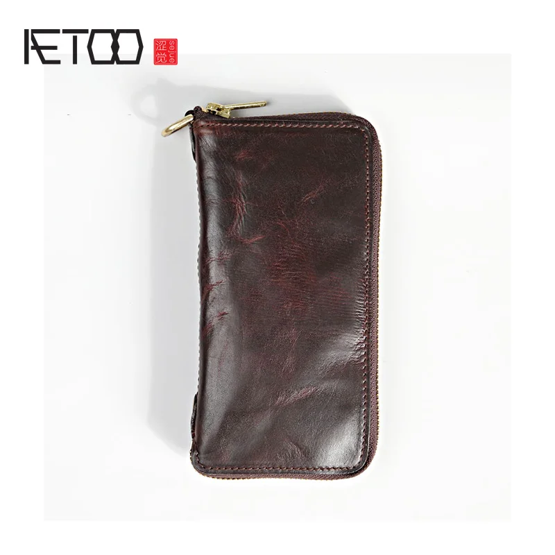 AETOO Long leather wallet made of hand-made vegetable tanning, long wallet for men, leather pleated pure copper zipper wallet