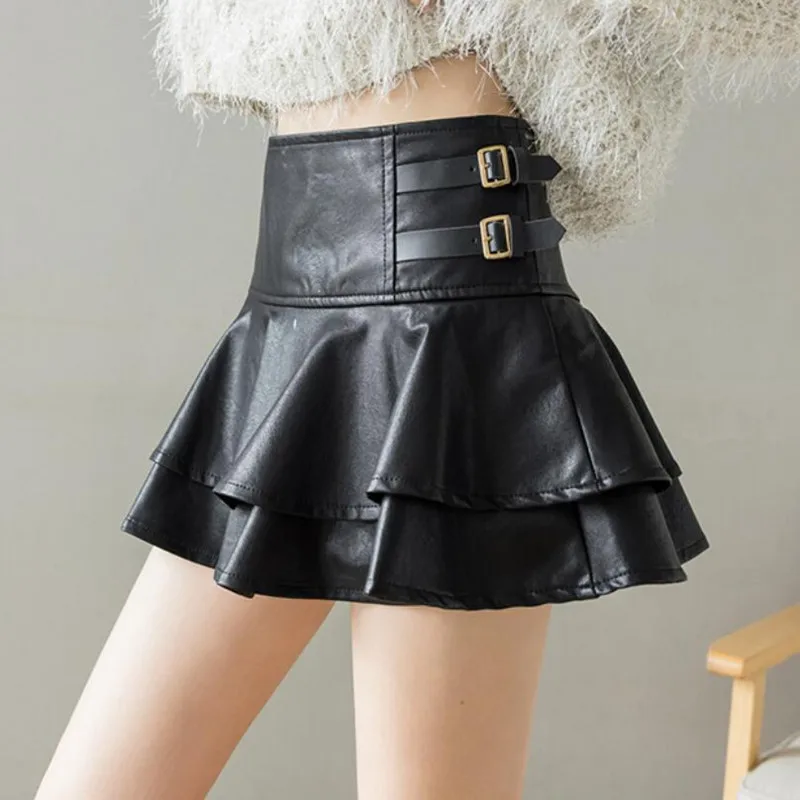 

Fashion High Waist Ball Gown Mini Pu Skirt With Buckle Women 2021 Autumn Winter Short Leather Cake Skirts Black Saias s1534