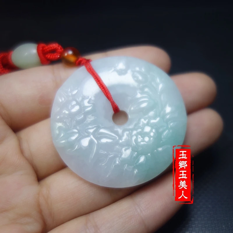 Quality jadite Pendant  Carven tree peony circular Amulet  Jade Ornaments Hanging with certificate